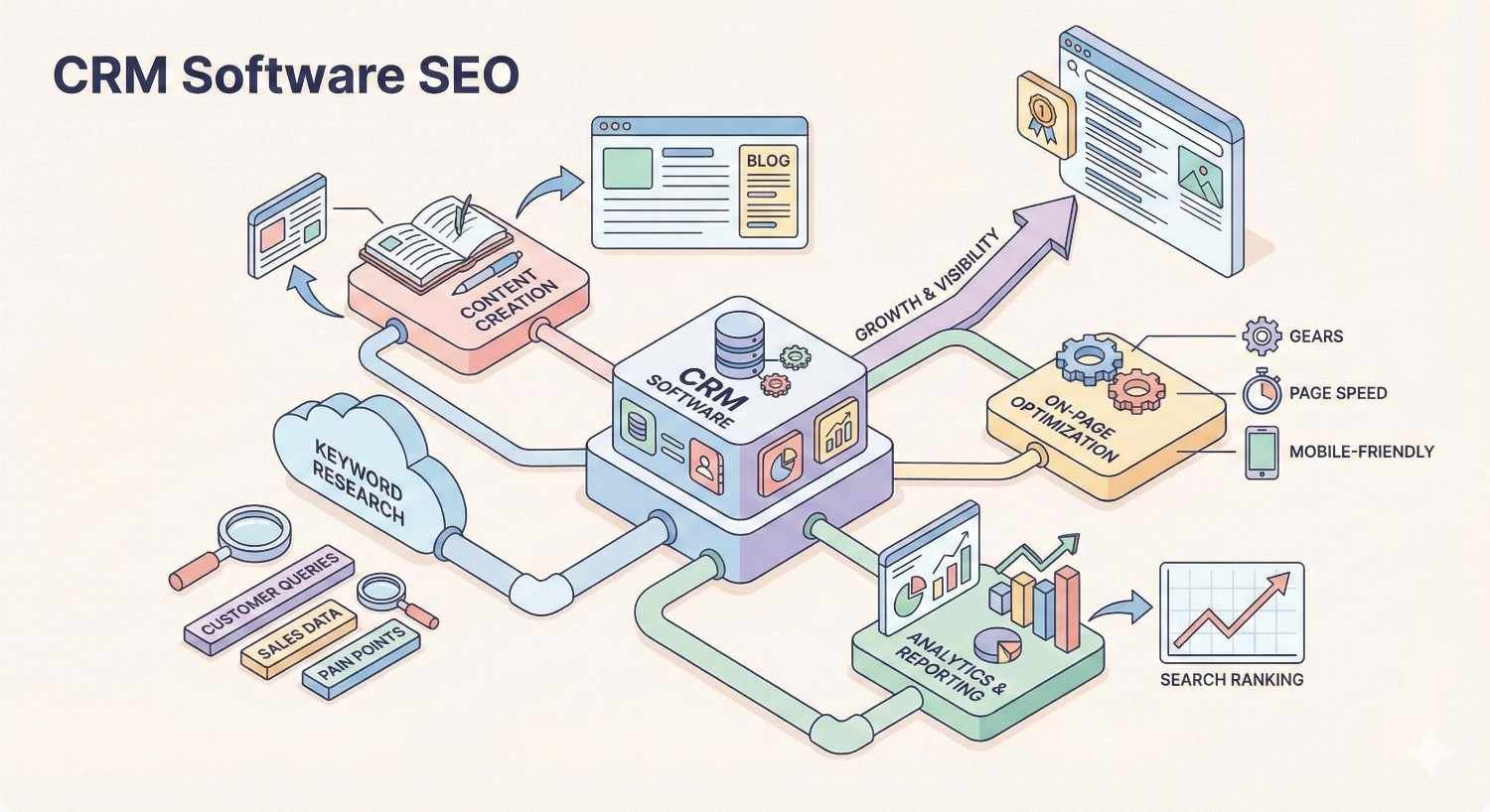 Isometric illustration showing CRM Software SEO workflow. A central CRM platform connects keyword research, content creation, blogs, on-page optimization, analytics, and reporting. Arrows illustrate growth, visibility, faster page speed, mobile-friendliness, and improved search rankings driven by data, customer insights, and optimization processes.”