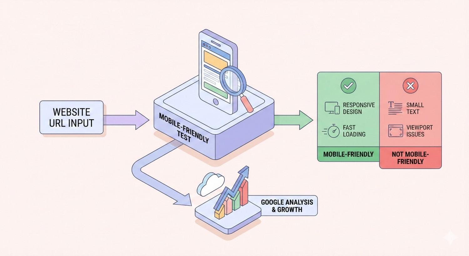 Infographic showing a website URL input going through a mobile-friendly test. Results highlight responsive design and fast loading as mobile-friendly, while small text and viewport issues are not mobile-friendly, impacting Google analysis and growth.