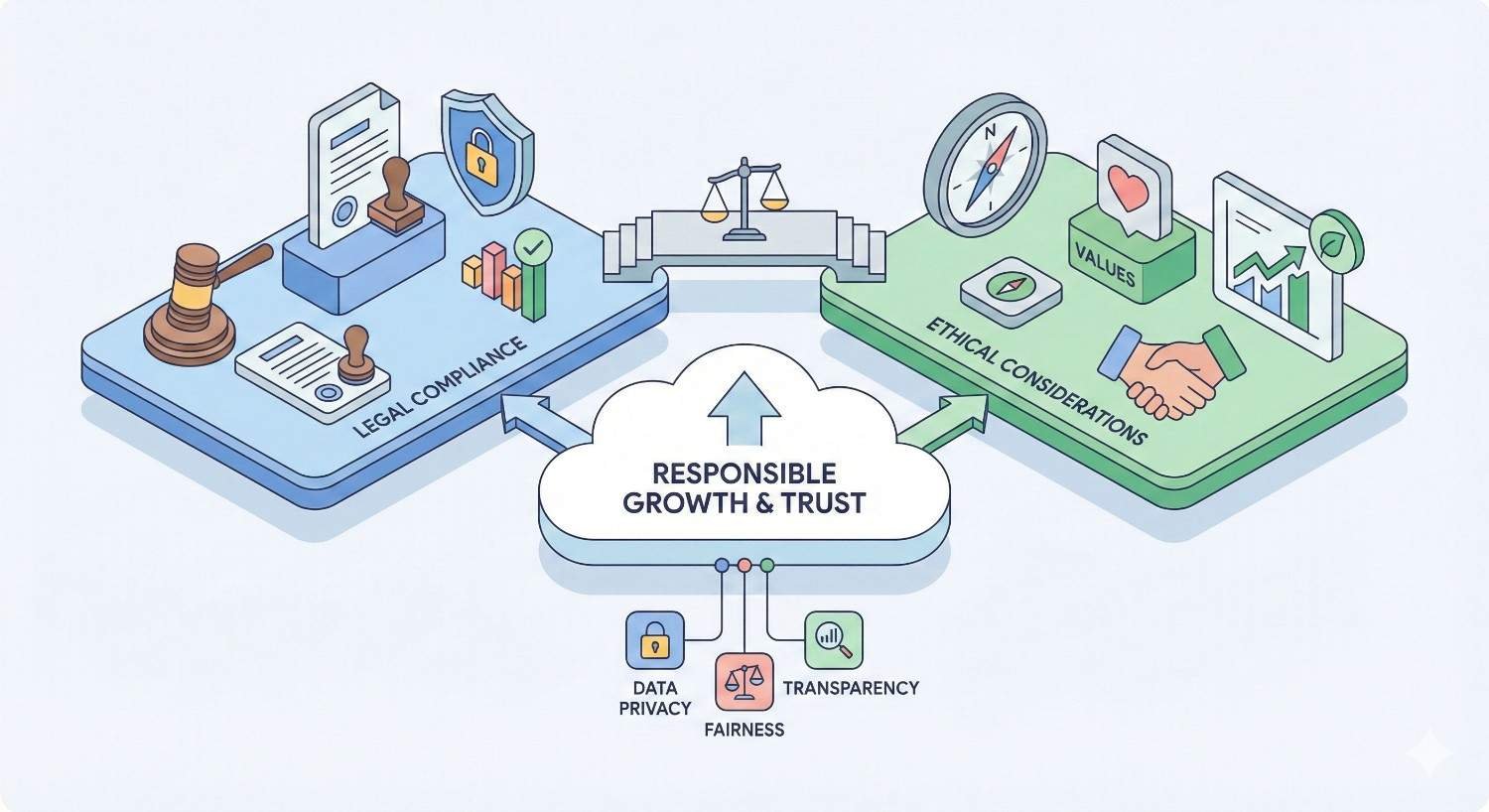 Illustration showing “Responsible Growth & Trust” in a cloud, linked to legal compliance and ethical considerations platforms with icons for gavel, shield, scales, handshake, compass, values, and charts, plus themes of data privacy, fairness, and transparency.