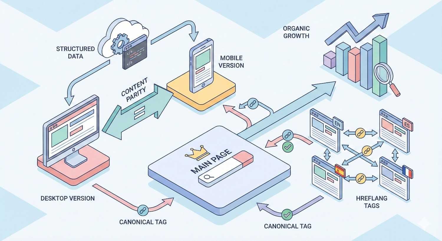 Isometric diagram illustrating technical SEO setup for desktop and mobile pages. It shows structured data, content parity, canonical tags, hreflang tags, and a main page hub. Arrows represent proper indexing, cross-version linking, and international targeting driving organic growth