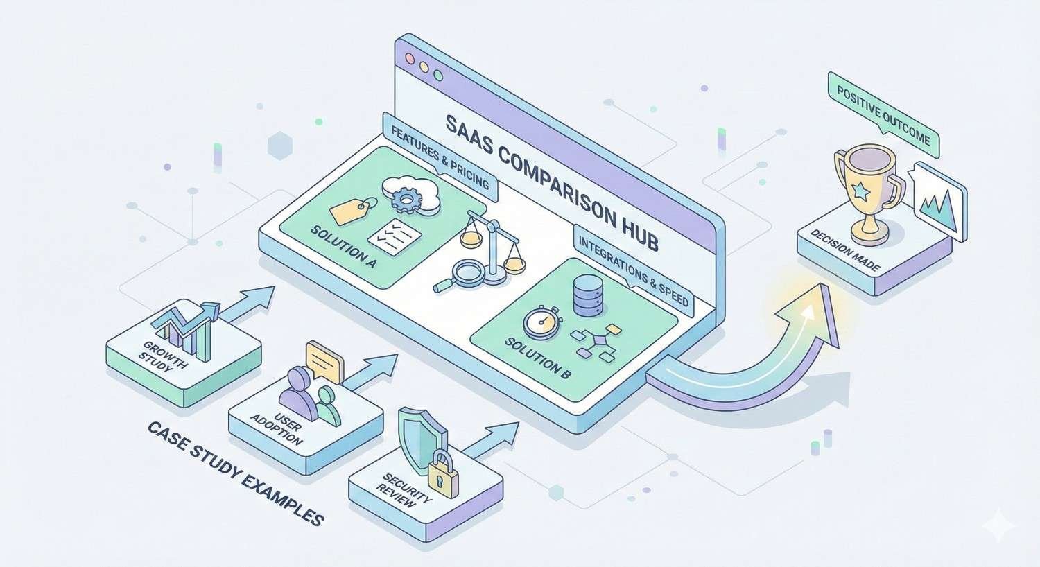 An isometric illustration of a SaaS comparison hub displaying two solutions compared by features, pricing, integrations, and speed. Supporting elements show case studies, growth, user adoption, and security review, leading to a positive outcome symbolized by a trophy and upward arrow.
