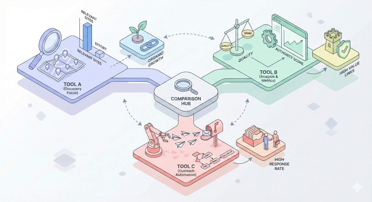 Infographic showing a comparison hub connecting three platforms: Tool A for site discovery and relevance, Tool B for quality and authority analysis, and Tool C for outreach automation, leading to organic growth, high-value links, and strong response rates with charts, icons, and arrows.