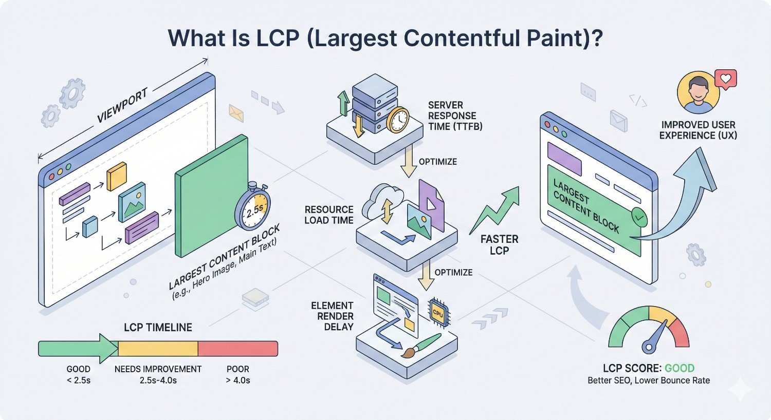 Infographic explaining Largest Contentful Paint (LCP), showing viewport loading, largest content block, server response time, resource load and render delays, optimization steps, LCP timeline benchmarks, and improved user experience with a good LCP score for better SEO performance.