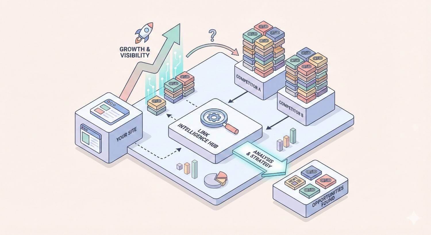 An isometric SEO graphic shows a website feeding data into an intelligence hub that compares competitors’ backlink stacks, analyzes opportunities, and drives strategy, resulting in upward growth and visibility, illustrated with charts, arrows, magnifying glass, and rocket icons.