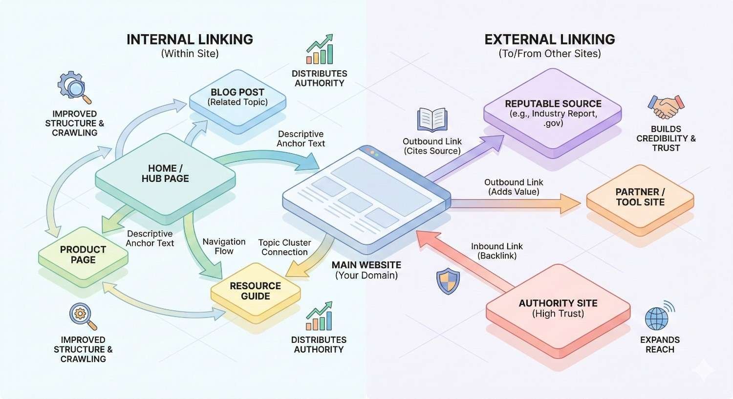 Diagram comparing internal and external linking. Internal links connect home, blog, product, and resource pages to distribute authority and improve crawling. External links show outbound links to reputable sources and inbound backlinks from authority sites, building credibility, trust, and expanding reach.