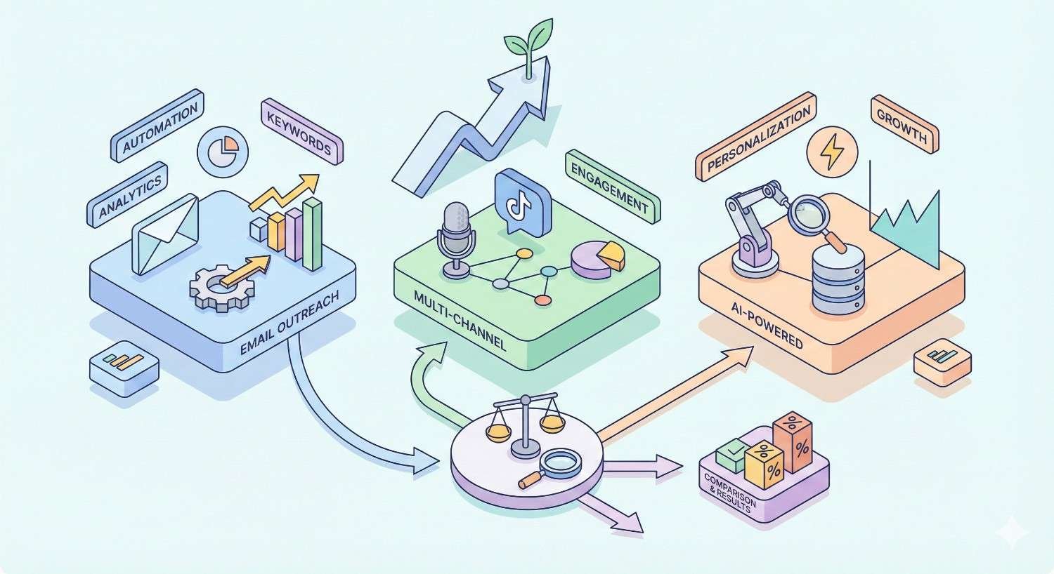 Infographic showing marketing outreach systems: email automation with analytics and keywords, multichannel engagement, AI-powered personalization, and optimization feeding growth, balanced decisions, and conversion results illustrated with charts, robots, arrows, and scale icons.