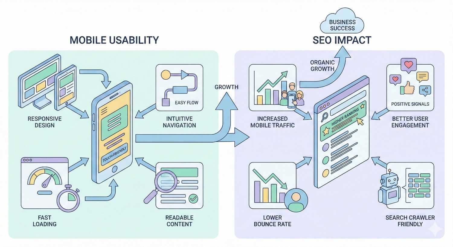 Infographic showing the link between mobile usability and SEO impact. Left side highlights responsive design, fast loading, intuitive navigation, and readable content. Right side shows increased mobile traffic, lower bounce rate, better engagement, positive signals, search crawler friendliness, and organic growth leading to business success.