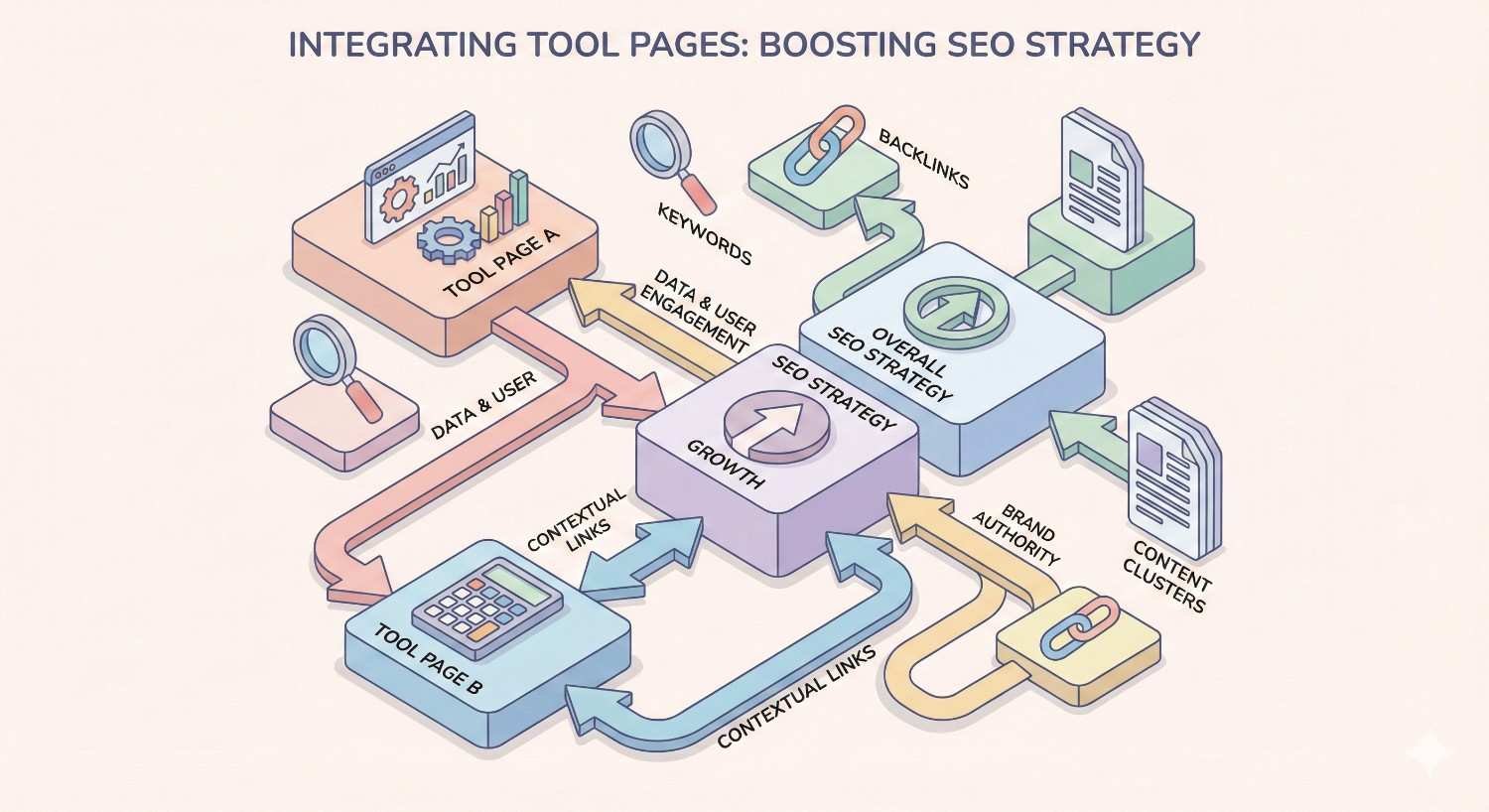 Isometric diagram illustrating how integrating tool pages strengthens SEO strategy. Tool pages connect through contextual links, keywords, backlinks, and content clusters. Arrows show data flow, user engagement, brand authority, and growth combining into an overall SEO strategy that boosts visibility and performance