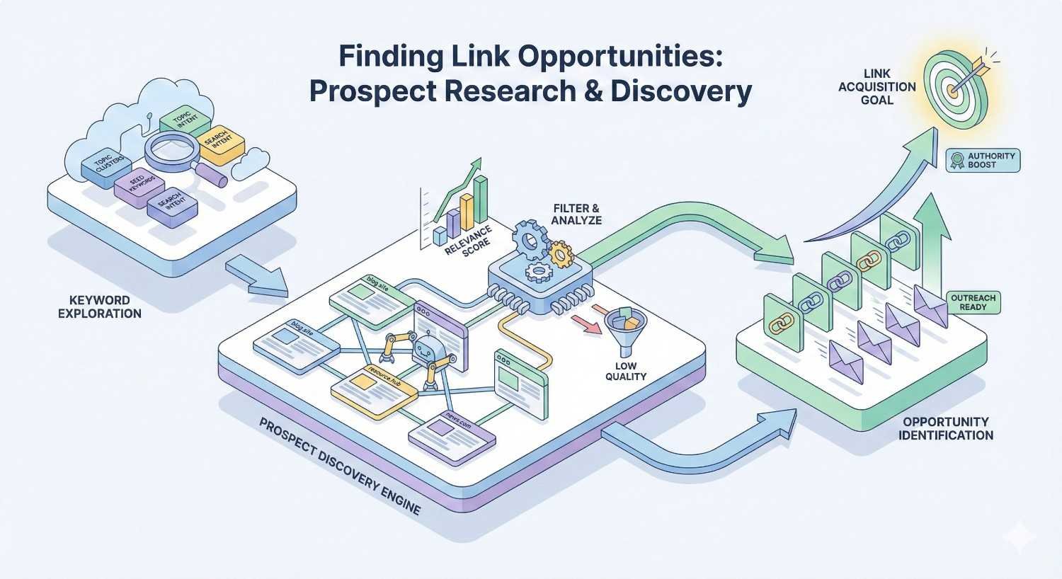 An illustrated diagram titled “Finding Link Opportunities” shows keyword exploration feeding a prospect discovery engine, filtering and analyzing sites, removing low-quality options, and identifying outreach-ready link prospects, leading to authority boosts and a final link acquisition goal.