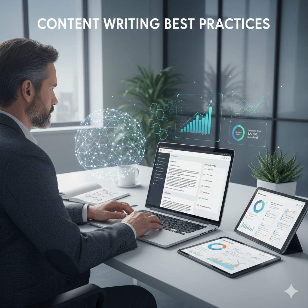 A professional works at a desk with a laptop and tablets showing content audits and analytics dashboards, while holographic charts and a digital globe float nearby under the heading “Content Writing Best Practices” in a modern office setting.