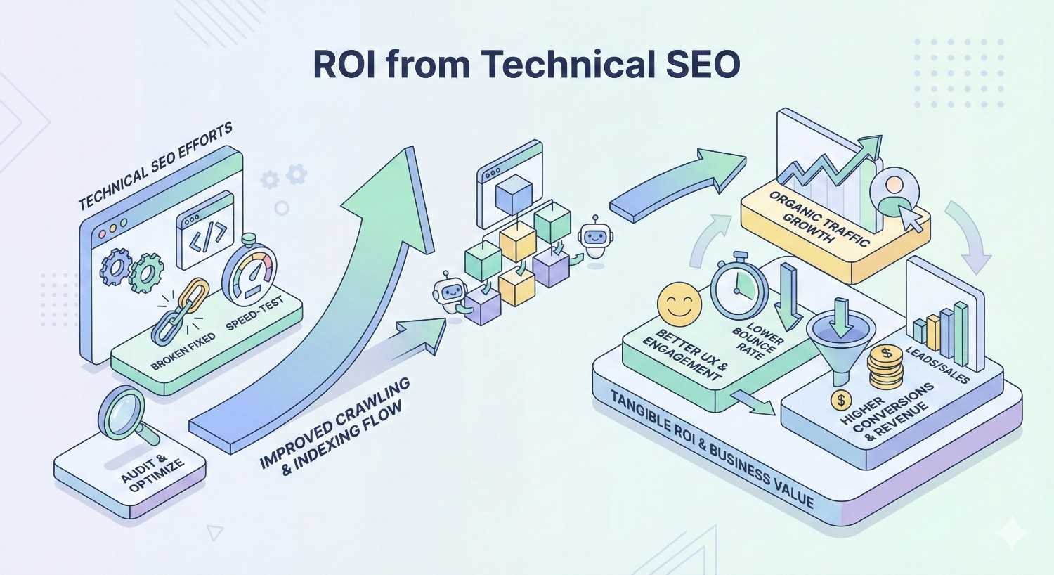 An illustrated flowchart titled “ROI from Technical SEO” shows technical SEO efforts improving crawling and indexing, leading to organic traffic growth, better user engagement, faster load times, and higher conversions. Arrows connect optimizations to measurable business value, revenue growth, and return on investment.