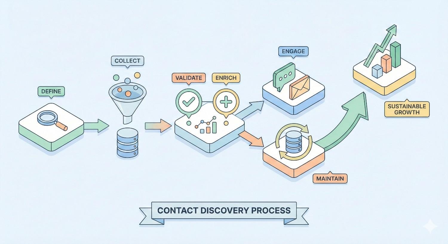 Flowchart titled “Contact Discovery Process” showing steps: define, collect, validate, enrich, engage, maintain, and sustainable growth, illustrated with icons for funnels, databases, checkmarks, plus signs, messages, arrows, and rising bar charts.