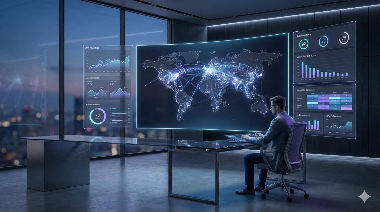 A person sits at a desk in a modern office facing large digital dashboards showing a glowing world map with connection lines, analytics charts, authority scores, and traffic metrics, suggesting global data analysis, SEO monitoring, or cybersecurity operations in a high-tech workspace.