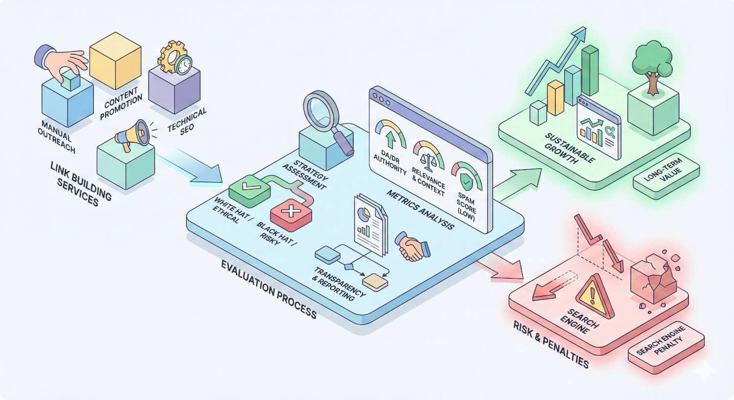 Infographic showing link building services and evaluation process, including manual outreach, content promotion, and technical SEO. It highlights strategy assessment, metrics analysis, and transparency reporting, leading to sustainable growth and long-term value, while warning of risks and search engine penalties from unethical practices.