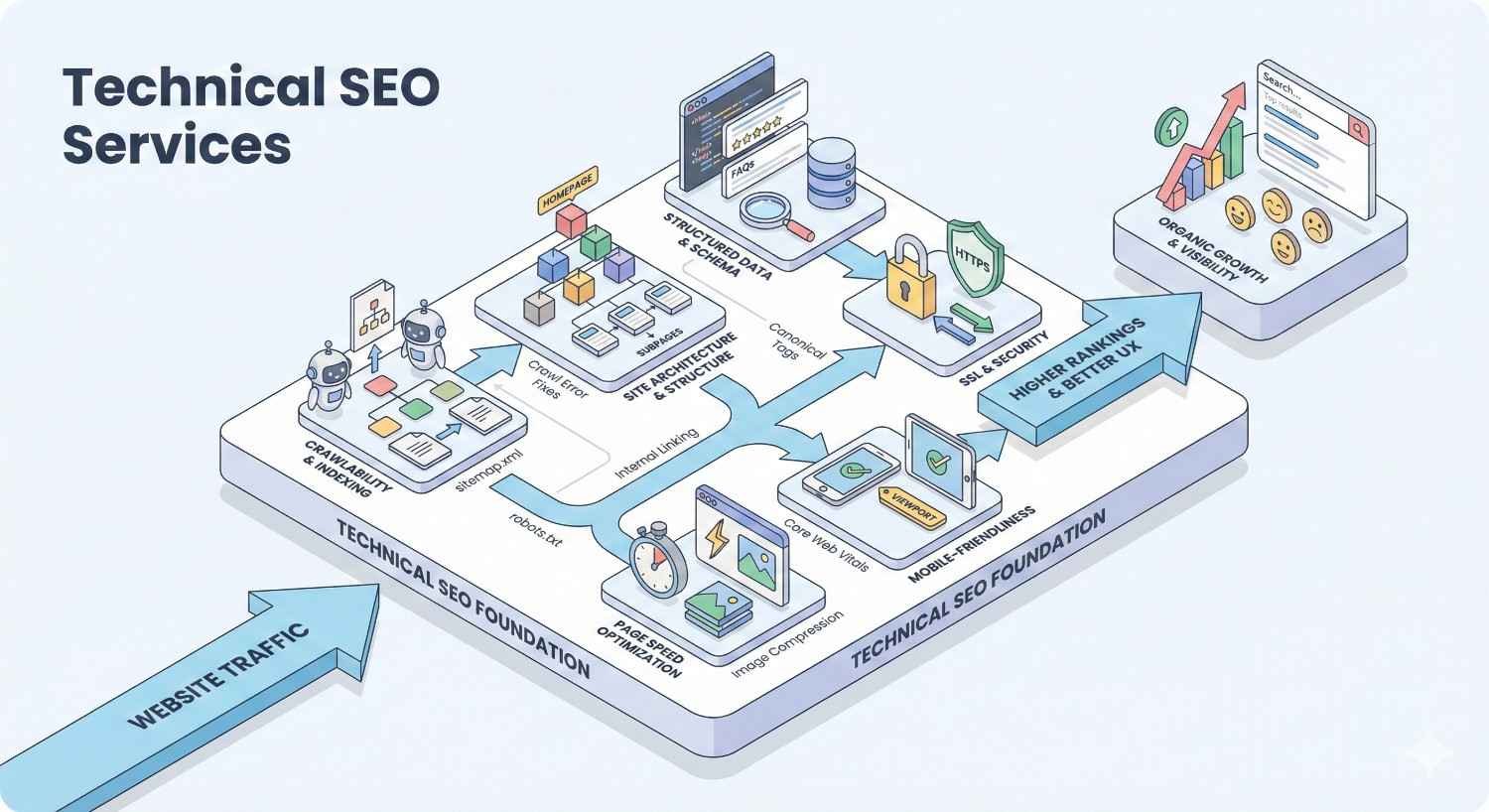 Isometric illustration titled “Technical SEO Services” showing a structured technical SEO workflow: crawlability, site architecture, structured data, HTTPS security, Core Web Vitals, mobile-friendliness, and performance optimization, all flowing toward higher rankings, better UX, organic growth, and increased website traffic.