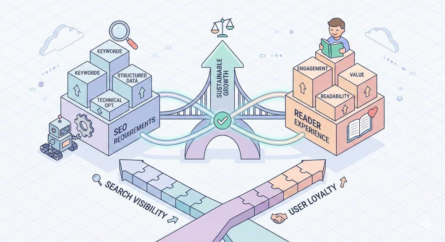 An illustrated balance graphic shows SEO requirements—keywords, technical optimization, and structured data—on one side and reader experience—readability, engagement, and value—on the other, connected by a bridge labeled sustainable growth, leading to search visibility and user loyalty arrows.