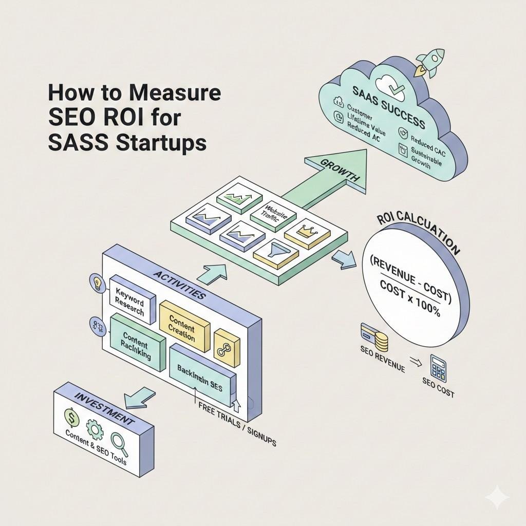 Infographic explaining how to measure SEO ROI for SaaS startups. It shows SEO investments and activities driving website traffic, signups, and growth, leading to SaaS success metrics, with ROI calculated as revenue minus cost divided by cost, expressed as a percentage.
