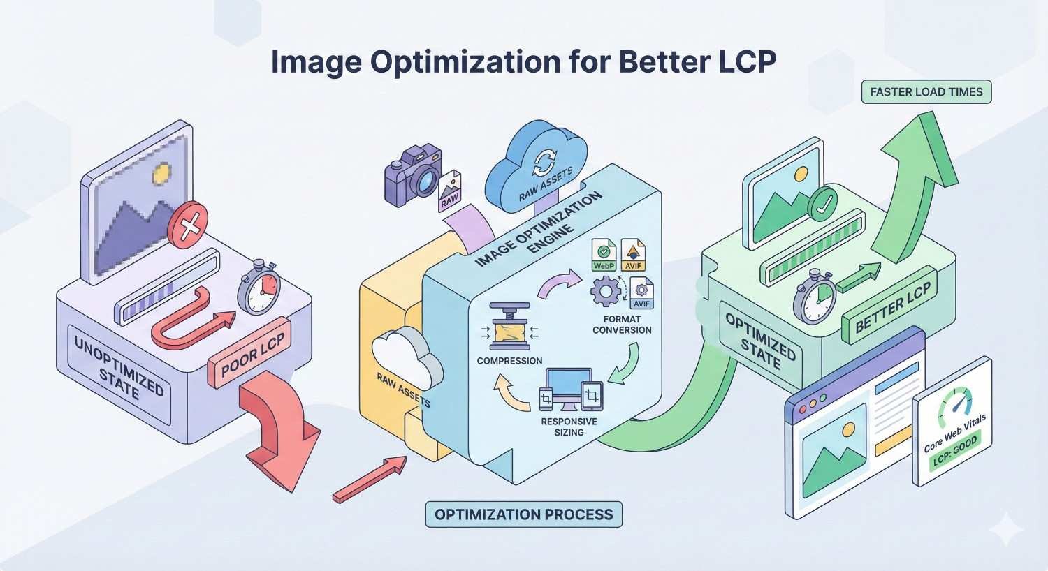 Diagram illustrating image optimization for better LCP, showing unoptimized images causing poor performance, an optimization engine applying compression, responsive sizing, and format conversion, and the result of faster load times, improved LCP, Core Web Vitals success, and better user experience.