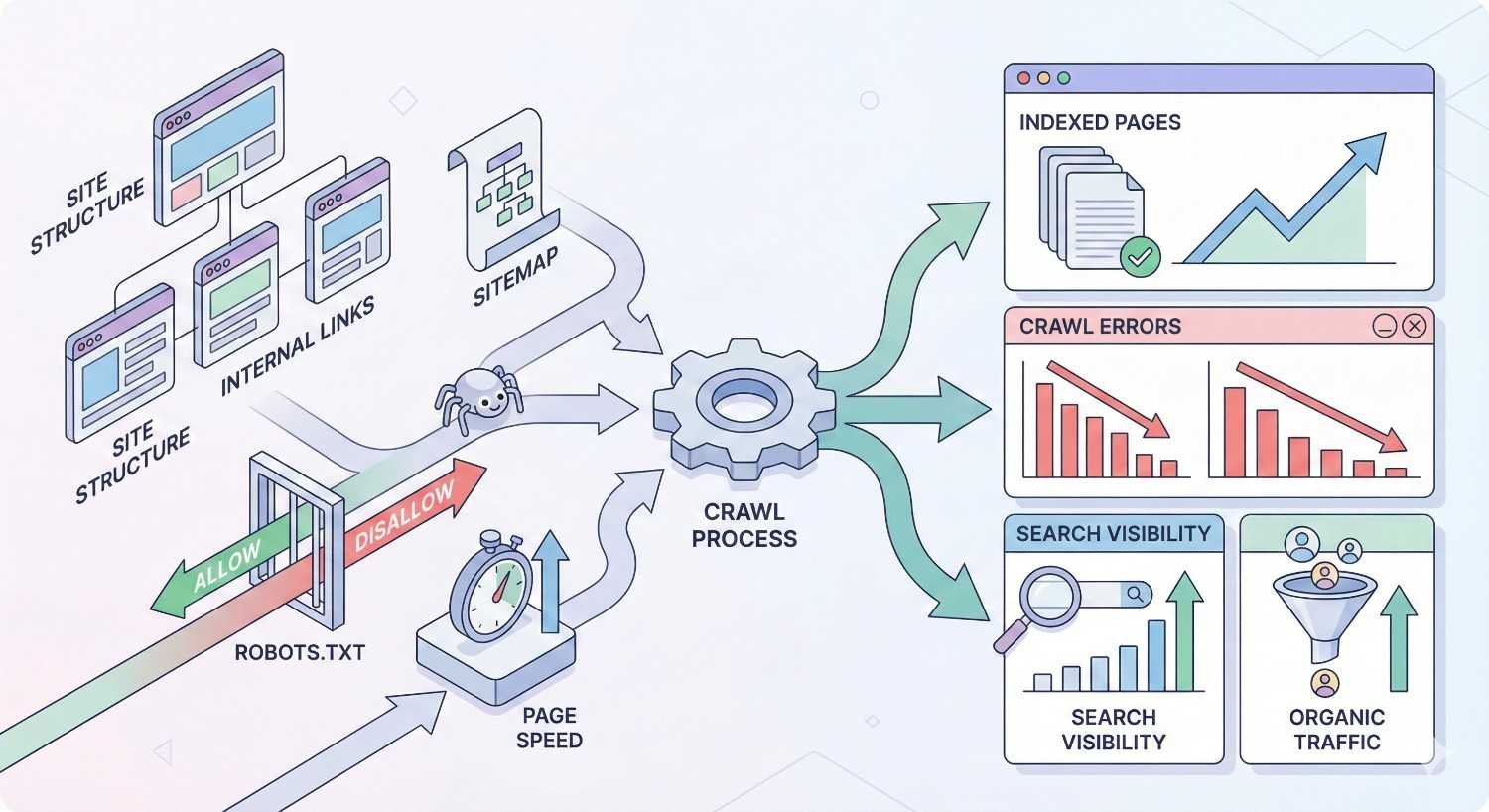 Diagram illustrating the SEO crawl process, showing how site structure, internal links, sitemaps, robots.txt rules, and page speed influence crawling, leading to outcomes like indexed pages, reduced crawl errors, improved search visibility, and increased organic traffic.