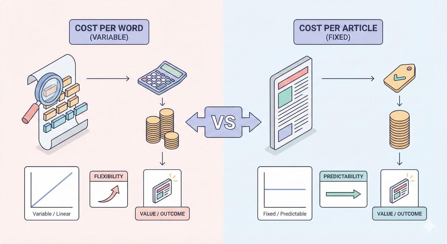 Split infographic comparing cost per word versus cost per article pricing, showing variable calculations and flexibility on one side and fixed, predictable pricing on the other, with coins, calculators, documents, arrows, and icons for value and outcomes.