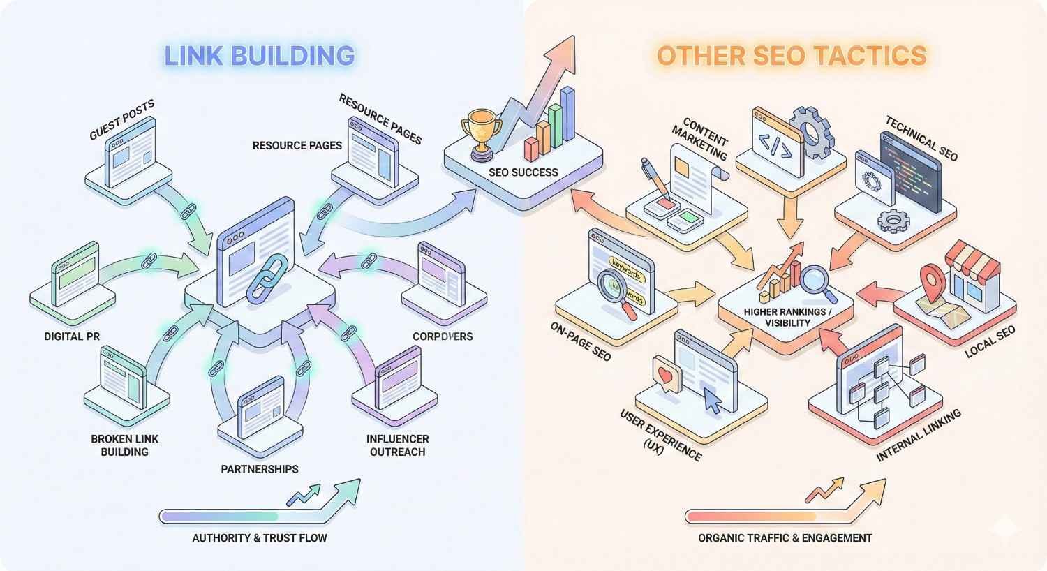 Split infographic comparing link building and other SEO tactics. Left shows guest posts, digital PR, partnerships, and resource pages driving authority and trust flow toward SEO success. Right highlights content marketing, technical SEO, UX, local SEO, and internal linking boosting rankings, visibility, and organic traffic.