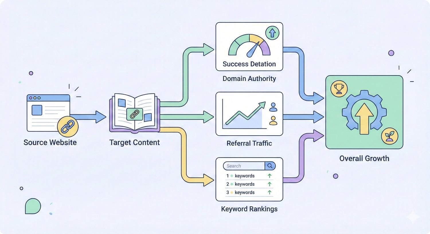 Infographic showing link impact flow: a source website links to target content, improving domain authority, referral traffic, and keyword rankings. Arrows connect these metrics to overall growth, represented by an upward gear icon, illustrating SEO performance and website development.