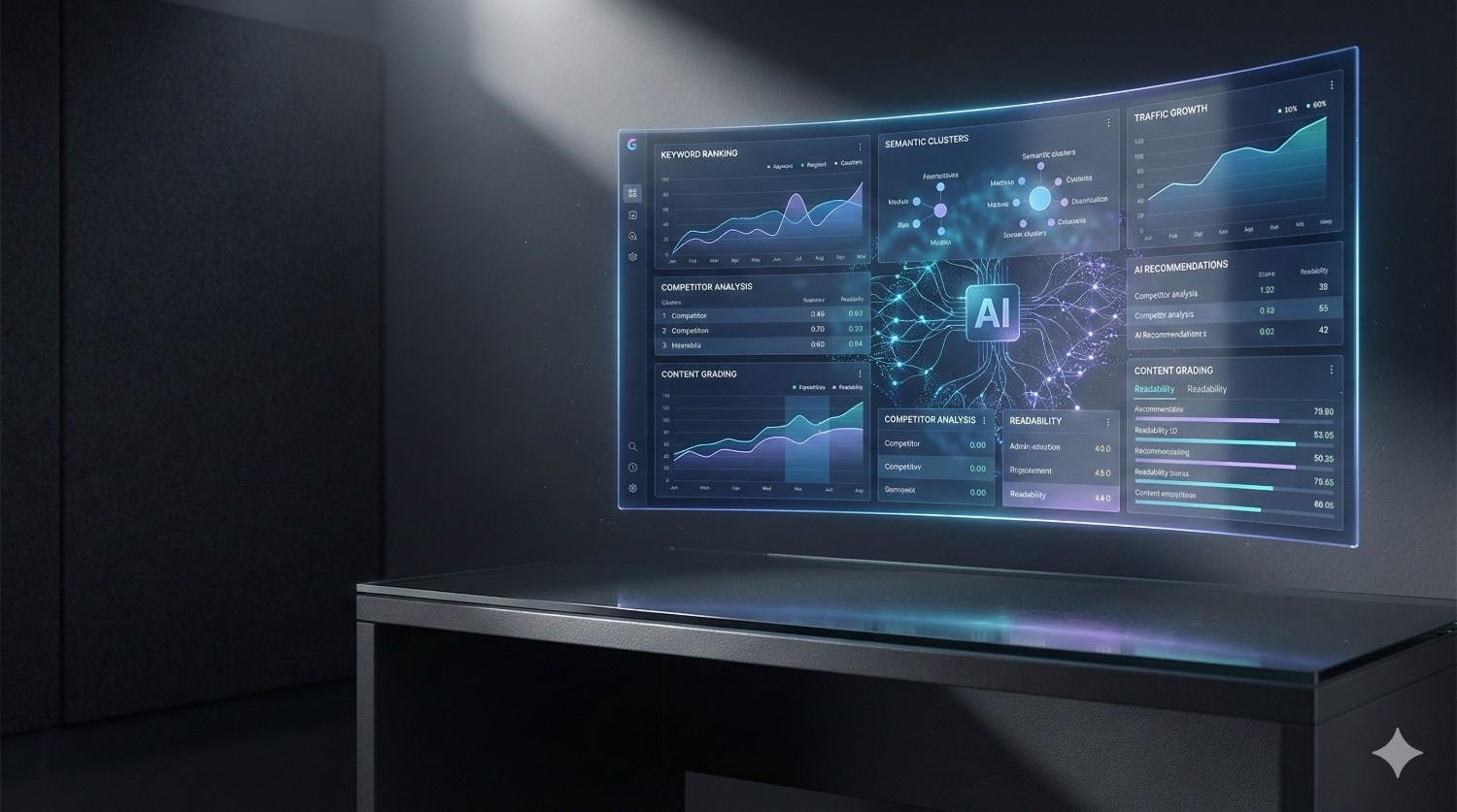 A futuristic holographic dashboard displays AI-powered SEO analytics with traffic growth charts, keyword rankings, semantic clusters, competitor analysis, and content grading panels, floating above a dark desk in a dimly lit room with glowing data visuals.