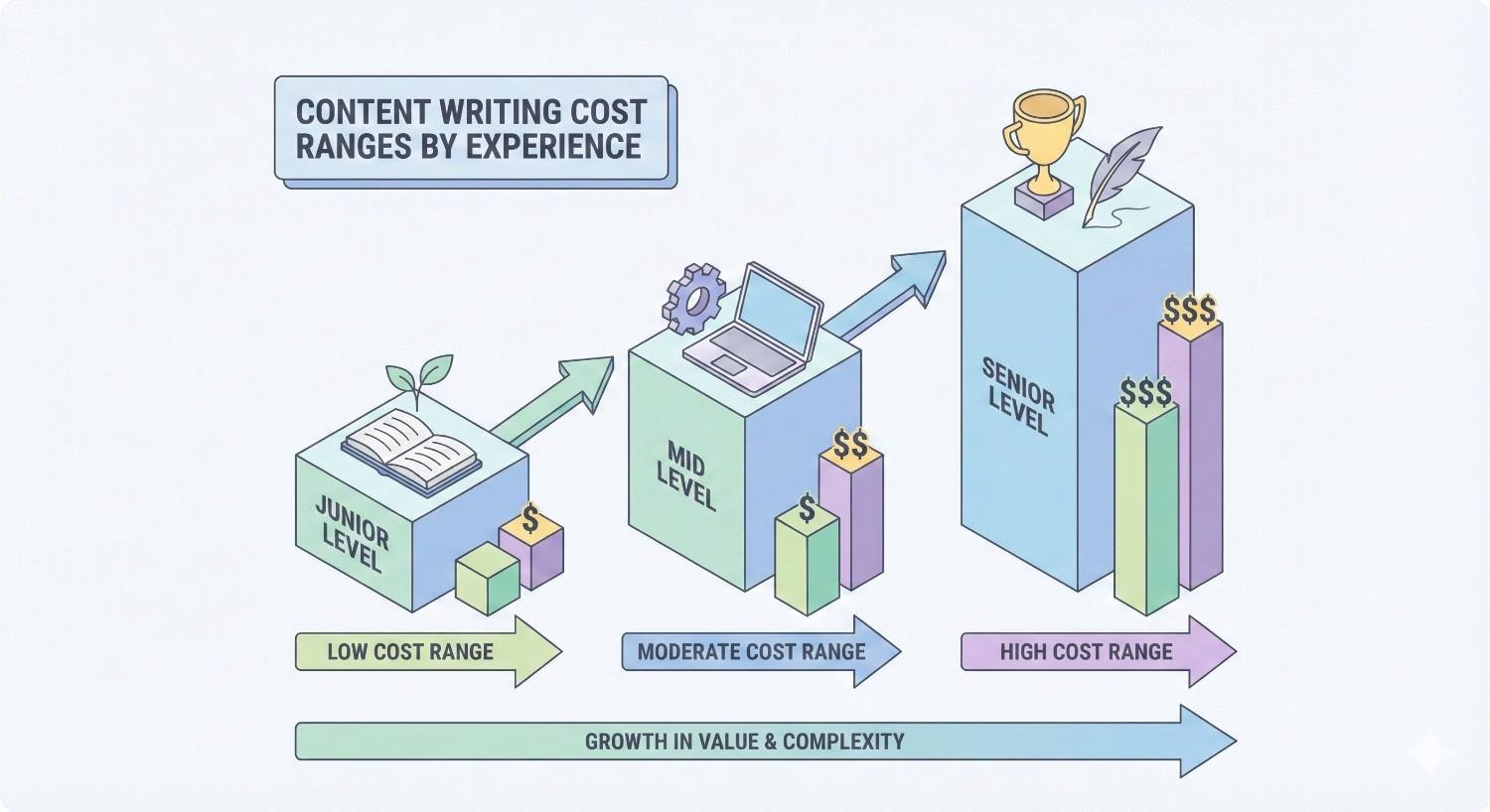 Infographic titled “Content Writing Cost Ranges by Experience” showing junior, mid-level, and senior writers with rising bars for low, moderate, and high costs, plus arrows indicating increasing value and complexity across experience levels.