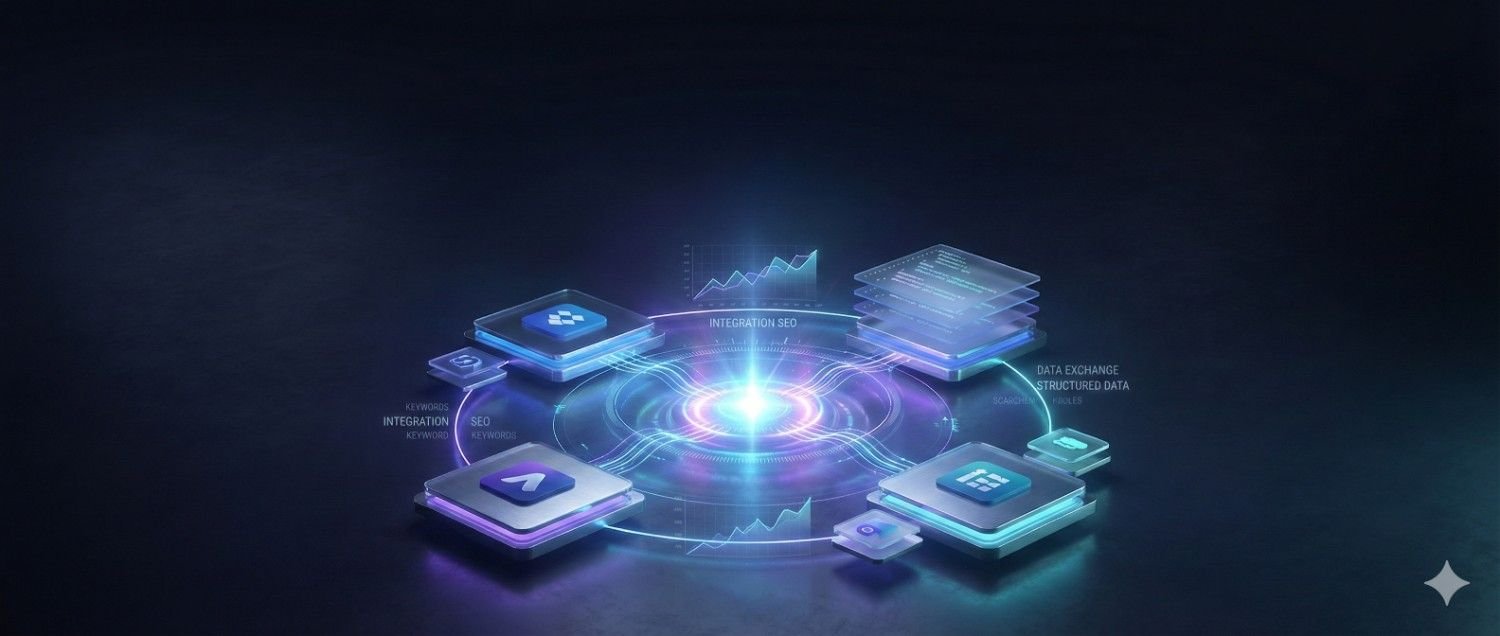 Futuristic 3D illustration showing integrated SEO and data systems around a glowing digital core. Floating interface panels display analytics, keywords, structured data, and data exchange. Neon blue and purple visuals emphasize connectivity, automation, and performance growth in a modern, high-tech environment