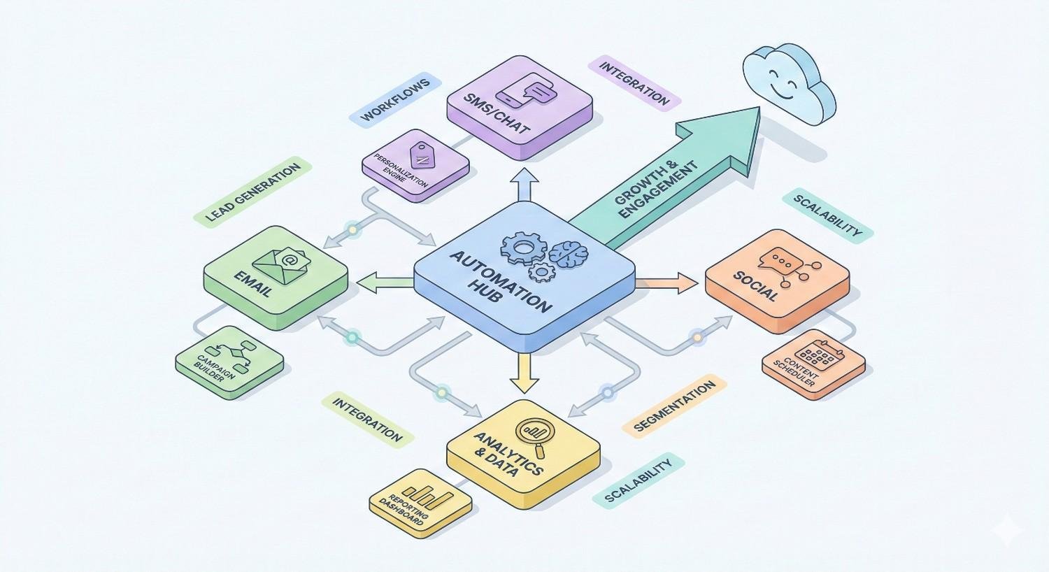 Infographic showing an automation hub connecting email, SMS/chat, social media, workflows, lead generation, analytics, and integrations, all feeding growth, engagement, segmentation, and scalability through interconnected arrows and modular blocks.