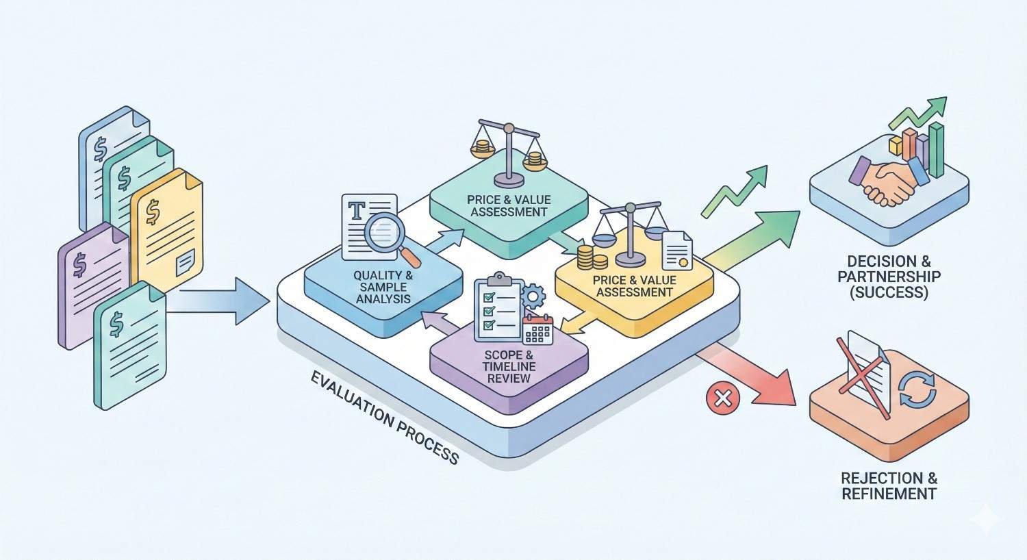 Infographic showing proposals entering an evaluation process with quality review, scope and timeline checks, and price–value assessments, leading either to a partnership decision and success or to rejection and refinement, illustrated with scales, checklists, arrows, and icons.