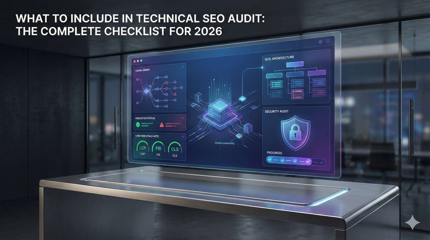 Futuristic technical SEO audit dashboard in a modern office, displaying crawl graphs, site architecture, Core Web Vitals metrics, and security audit panels, alongside the headline “What to Include in Technical SEO Audit: The Complete Checklist for 2026,” emphasizing advanced website analysis and optimization.