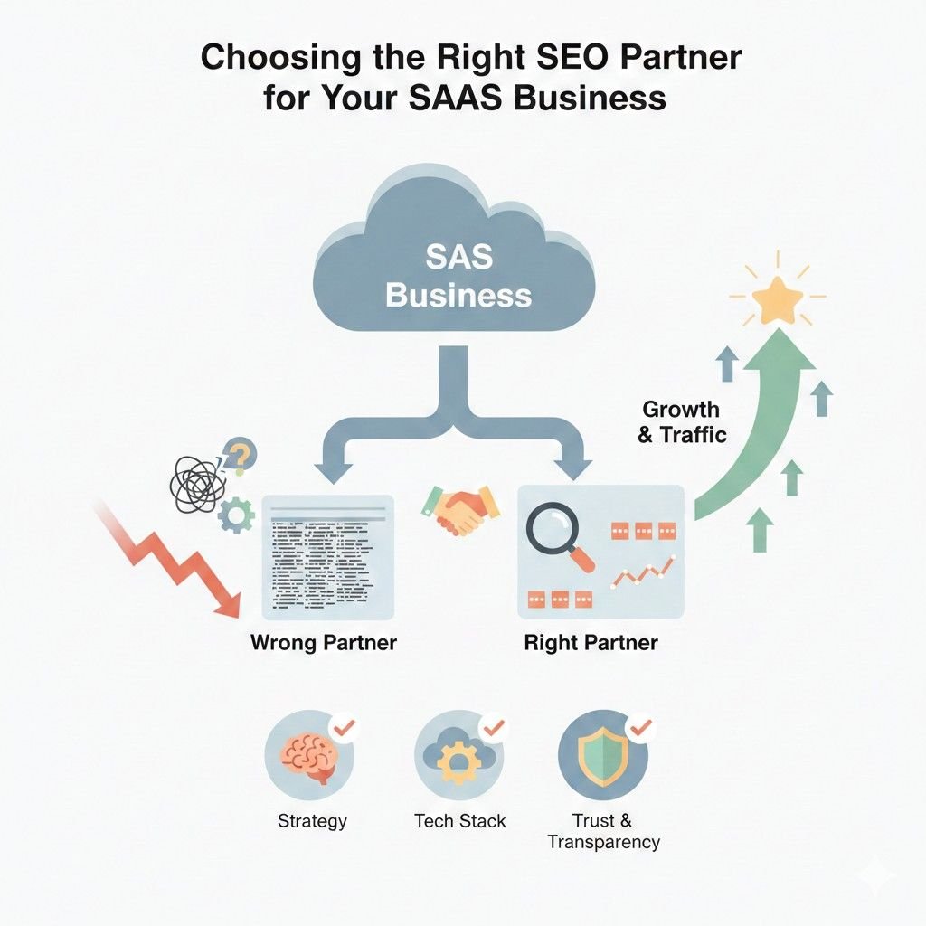 Infographic illustrating how to choose the right SEO partner for a SaaS business, contrasting wrong versus right partners, with the right choice leading to growth and traffic, and emphasizing strategy, technology stack, trust, and transparency.