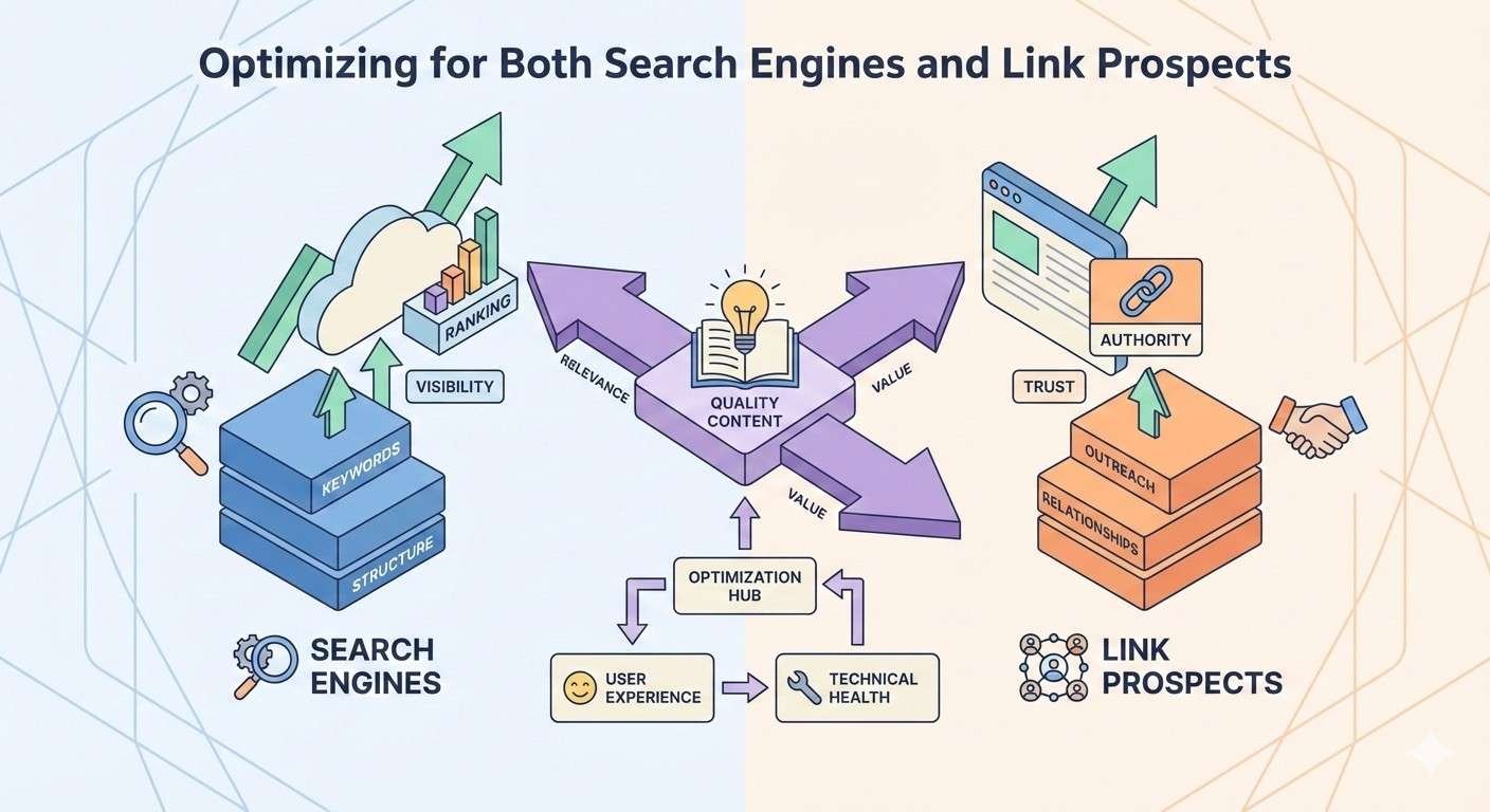 Infographic titled “Optimizing for Both Search Engines and Link Prospects” showing quality content at the center connecting to search factors like keywords, structure, ranking, and visibility, and to link-building elements like outreach, trust, authority, and relationships, supported by user experience and technical optimization.