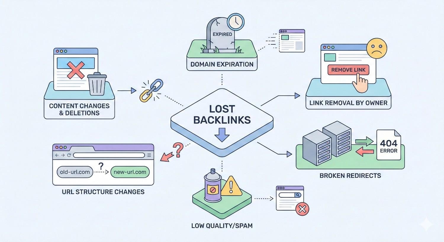Infographic explaining causes of lost backlinks, including content changes or deletions, domain expiration, link removal by owner, broken redirects causing 404 errors, URL structure changes, and low-quality or spam links. A central “Lost Backlinks” box connects these factors with arrows in a clean, pastel design.
