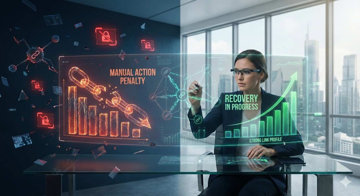 Split scene showing a woman at a glass desk analyzing SEO dashboards: one side displays a manual action penalty with broken links and falling charts, while the other shows recovery in progress, rising graphs, and a strong link profile in a modern city office.