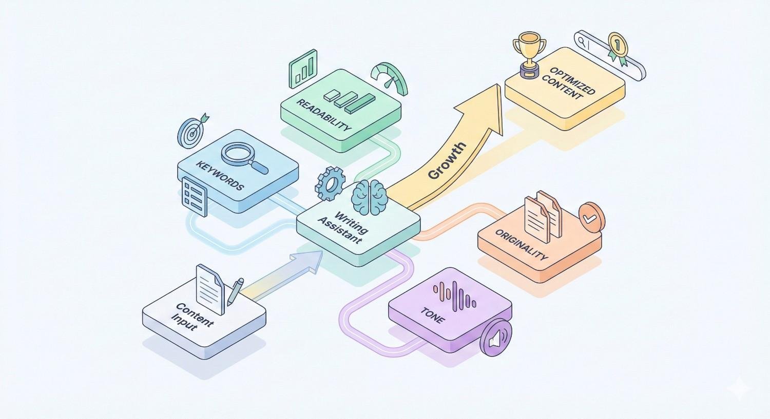 An illustrated SEO writing workflow shows content input and keywords flowing into a writing assistant that improves readability, tone, and originality, producing optimized content and growth, with icons for trophies, charts, and gears connected by curved arrows.