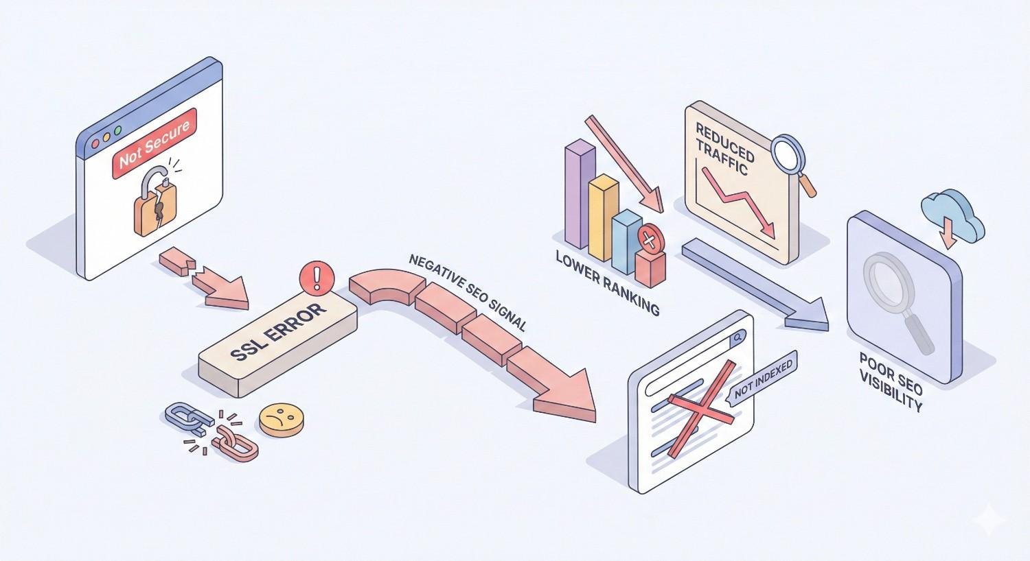 Infographic showing SSL error consequences: a “Not Secure” warning leads to negative SEO signals, broken links, lower rankings, reduced traffic, pages not indexed, and poor search visibility, illustrating how security issues harm website performance.