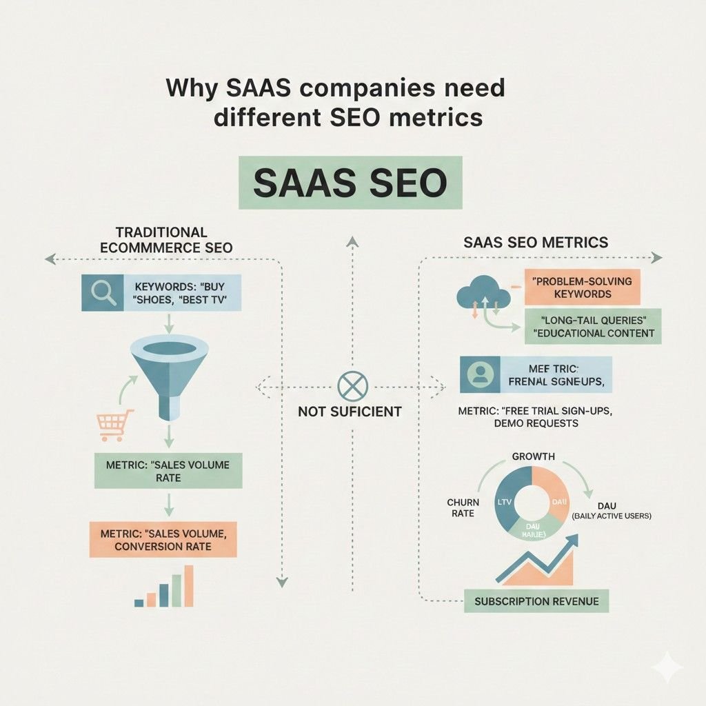 Infographic explaining why SaaS companies need different SEO metrics. It contrasts traditional ecommerce SEO focused on sales volume with SaaS SEO emphasizing problem-solving keywords, free trials, demo signups, user engagement, churn, lifetime value, and subscription revenue growth.