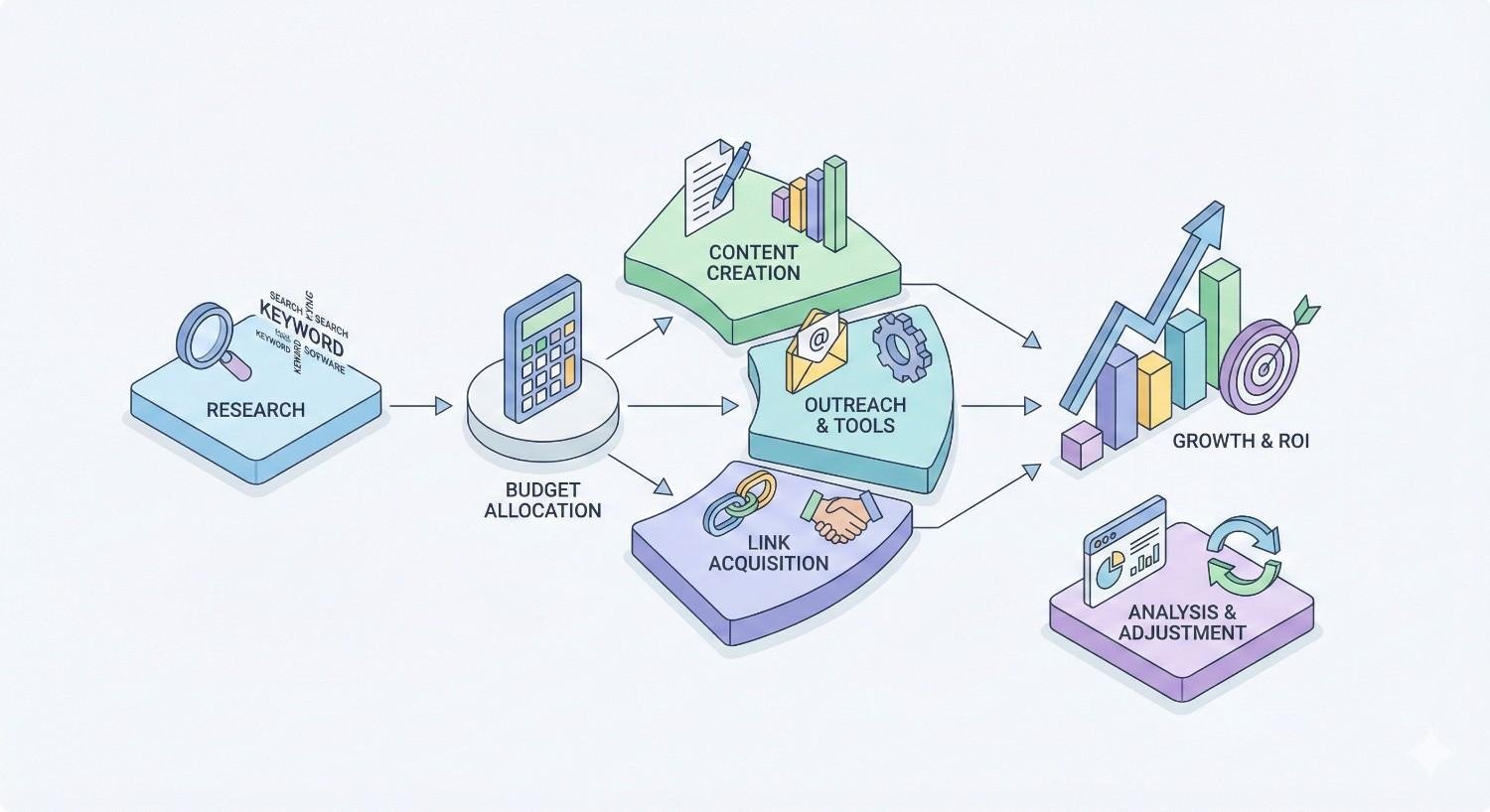 Infographic showing link-building workflow: keyword research leads to budget allocation, content creation, outreach and tools, and link acquisition. These efforts drive growth and ROI, followed by analysis and adjustment for continuous improvement.
