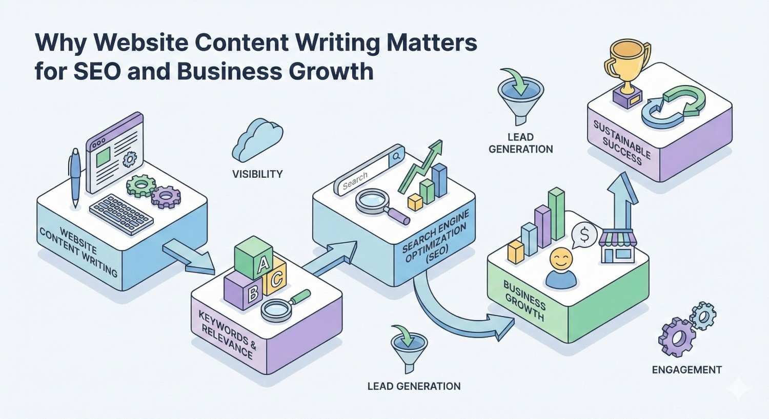 Illustration titled “Why Website Content Writing Matters for SEO and Business Growth” showing connected blocks for website content writing, keywords and relevance, SEO, lead generation, business growth, visibility, engagement, and sustainable success, with arrows, charts, icons, and upward graphs representing performance improvement.