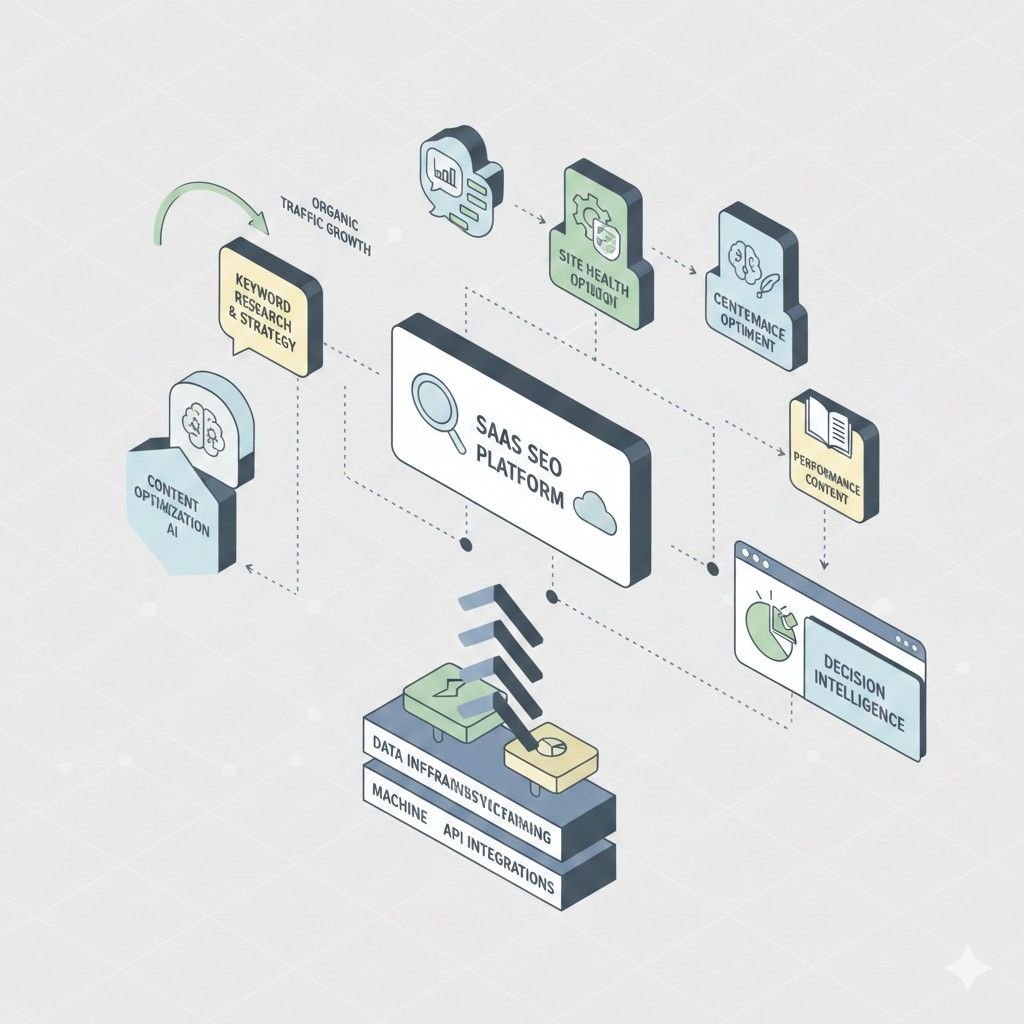 Isometric diagram of a SaaS SEO platform showing keyword research, content optimization with AI, site health and performance optimization, data infrastructure, machine learning, and API integrations, all connected to decision intelligence and organic traffic growth.