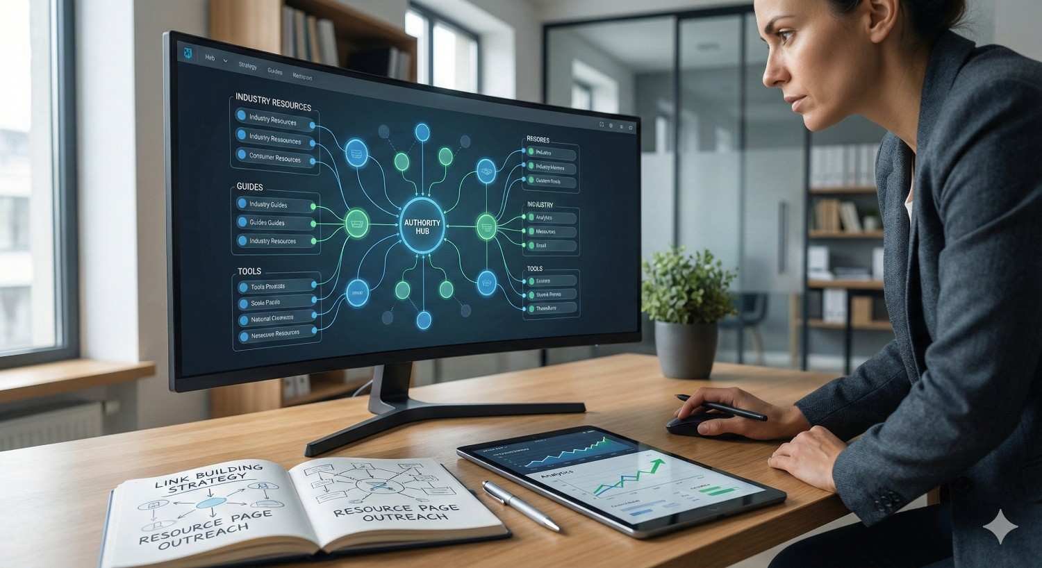 A professional woman works at a desk with a large monitor displaying an “Authority Hub” content map connecting industry resources, guides, and tools. A tablet shows rising analytics charts, while an open notebook outlines link-building and resource page outreach strategies in a modern office setting.