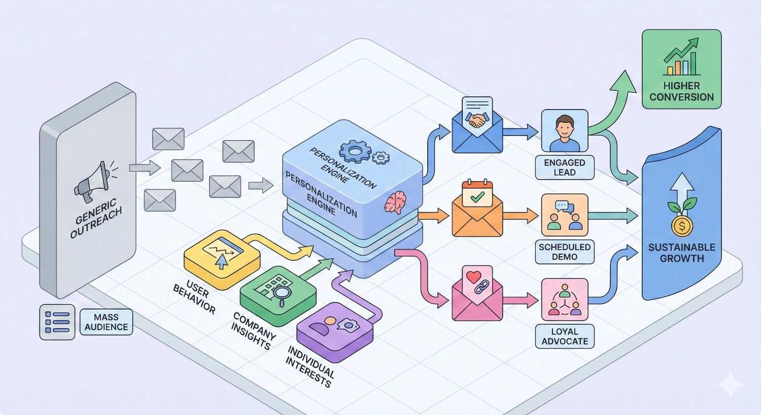 Infographic showing generic outreach sent to a mass audience, transformed by a personalization engine using behavior, company insights, and interests, leading to engaged leads, scheduled demos, loyal advocates, higher conversion, and sustainable growth with arrows and icons.