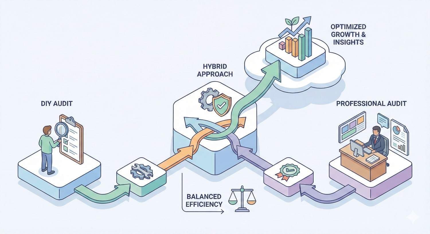 Illustration comparing DIY and professional SEO audits, showing a hybrid approach that combines in-house efforts and expert analysis to achieve balanced efficiency, optimized growth, actionable insights, and improved performance through collaboration and strategic optimization.