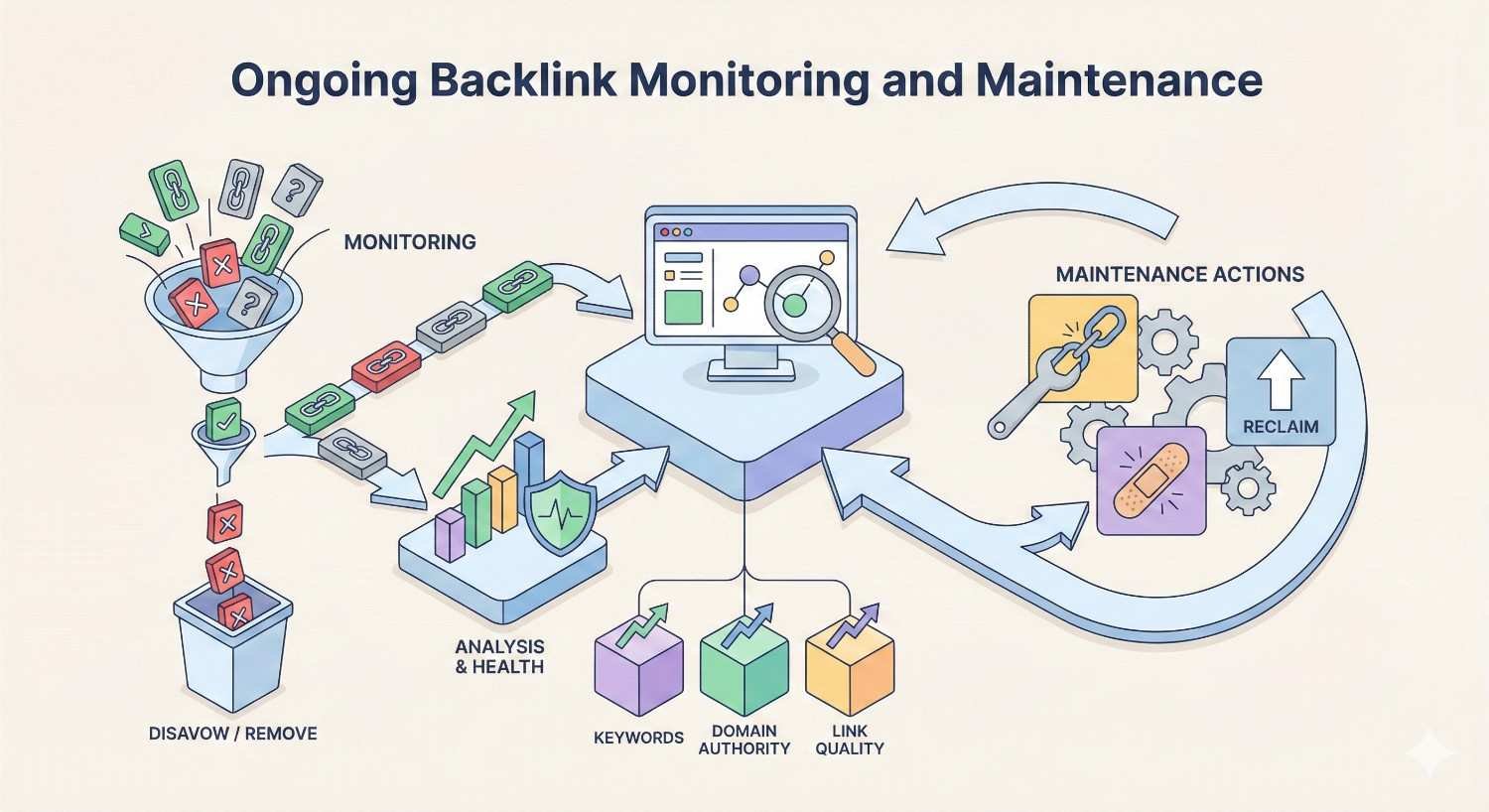 Infographic titled “Ongoing Backlink Monitoring and Maintenance” showing link monitoring, analysis, and health tracking. It illustrates removing or disavowing toxic links, evaluating keywords, domain authority, and link quality, and performing maintenance actions like reclaiming links to maintain SEO performance and backlink profile health.