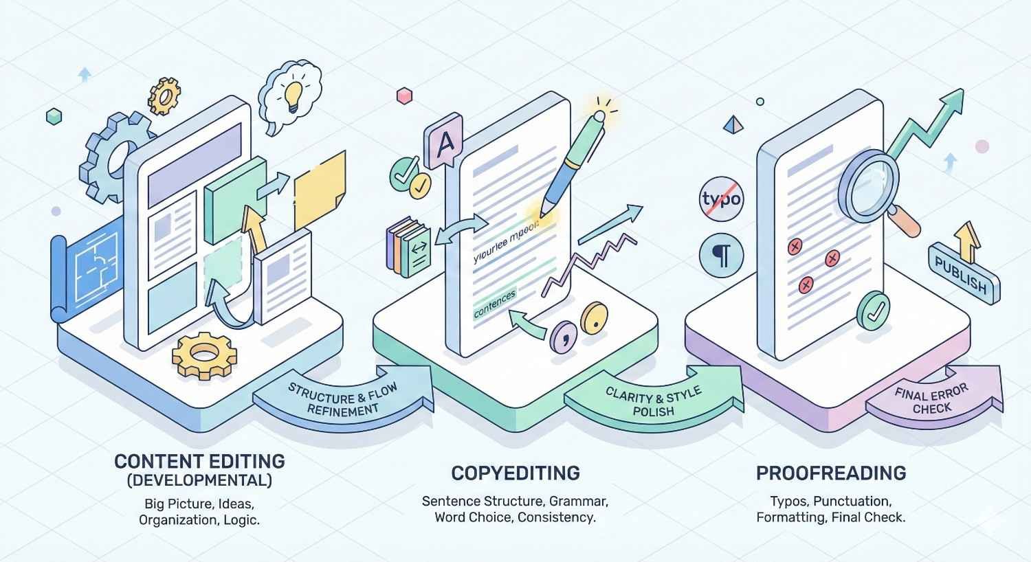 An illustrated comparison shows three editing stages: content editing for structure and ideas, copyediting for grammar and clarity, and proofreading for final typo checks, with documents, gears, pens, and arrows guiding text toward publication.