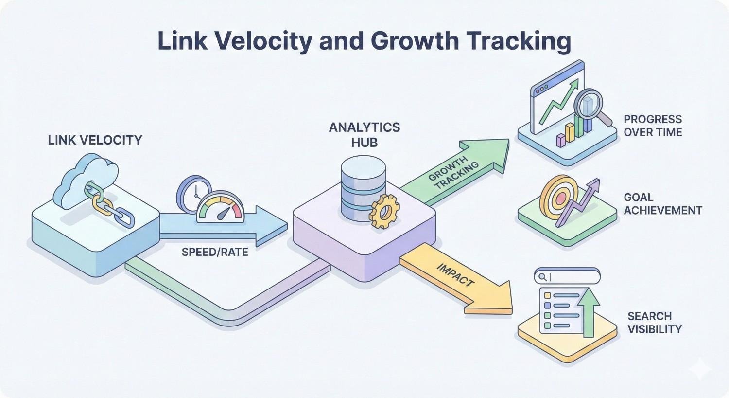Infographic titled “Link Velocity and Growth Tracking” showing link speed flowing into an analytics hub, then arrows toward growth tracking, impact, progress over time, goal achievement, and search visibility, illustrated with gauges, charts, targets, and upward arrows.