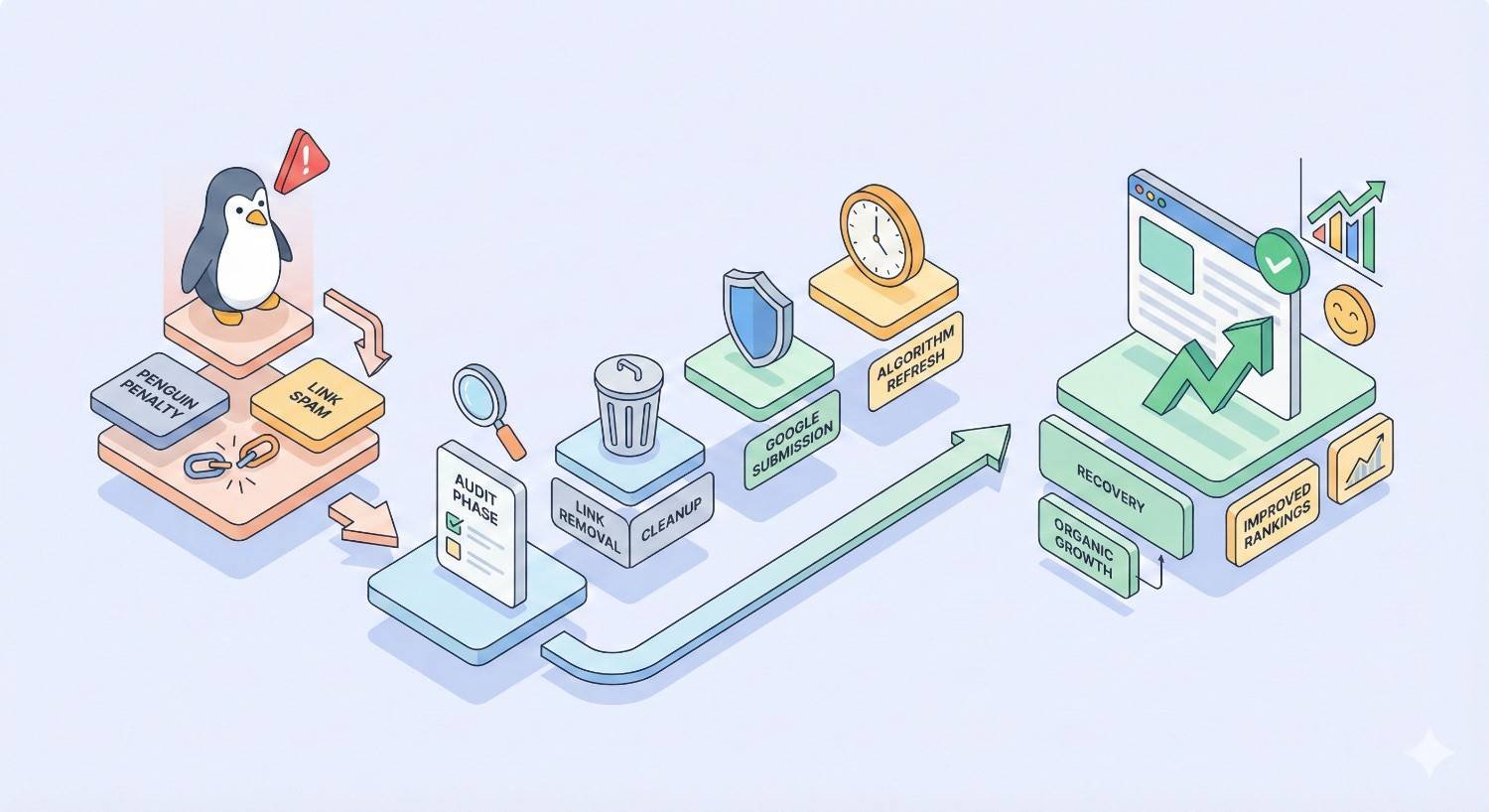 Infographic showing recovery from a Google Penguin penalty: link spam detection, audit and cleanup, link removal, submission to Google, waiting for algorithm refresh, and eventual recovery with organic growth and improved search rankings.