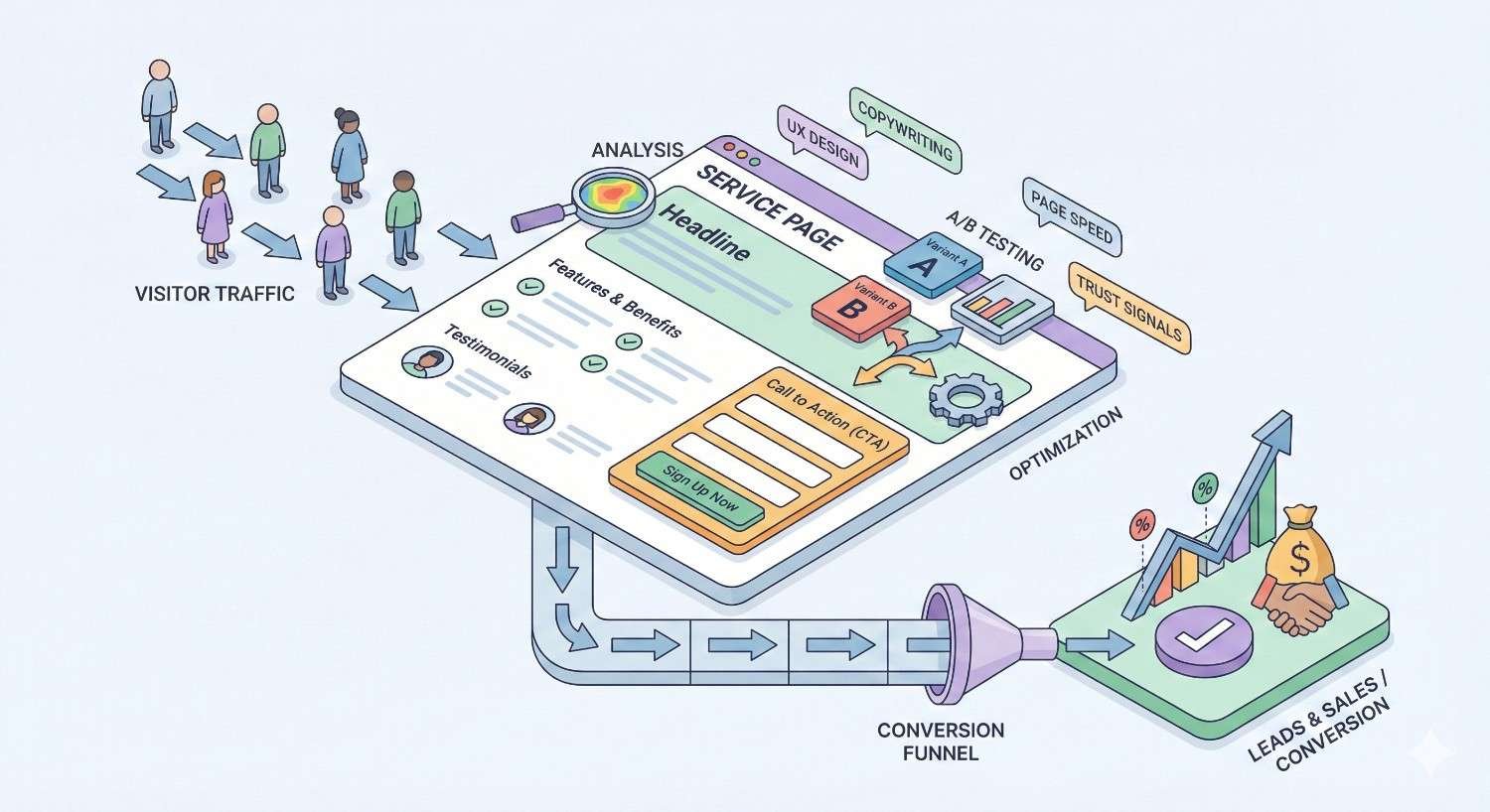 An illustrated diagram shows visitor traffic flowing to an optimized service page with headline, benefits, testimonials, and CTA, refined through UX design, copywriting, A/B testing, and speed improvements, then entering a conversion funnel that produces leads, sales, and revenue growth.
